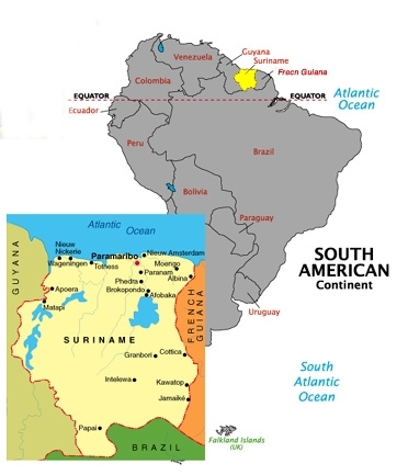 Map of South America and map of Suriname
